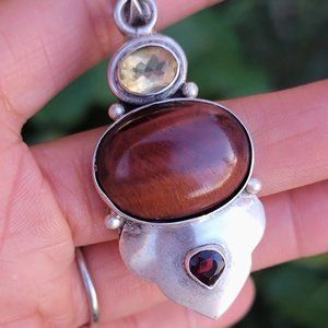 Amazing heavy and large vintage 925 sterling silver citrine + cat's eye + garnet